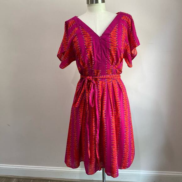 WAYWARD FANCIES Hot Pink Tropical Linear Graphic Print Cotton Voile Dress Sz 10 - Picture 3 of 13